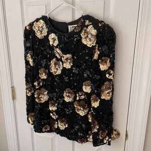 I. Magnin Vintage Sequence Black And Gold Flowered Top - Size Medium
